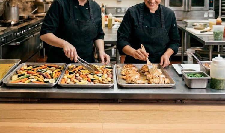Equipo de cocina de Factoría emplatando en la línea de servicio
